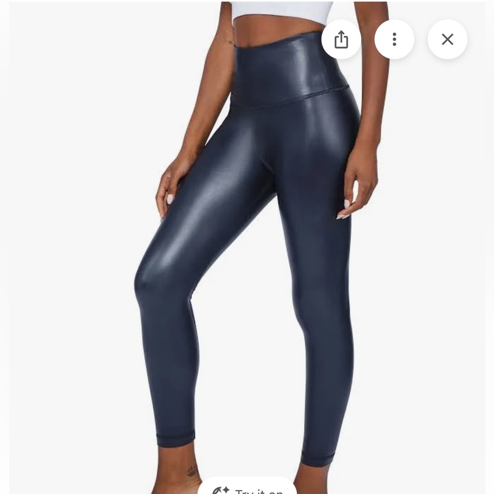 High Waisted Dark Navy Leatherette Leggings - Picture 1 of 7